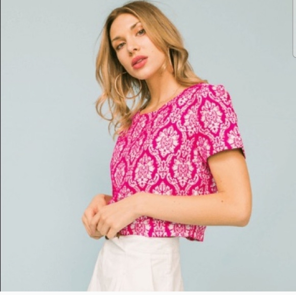 Jealous Tomato Damask Magenta and White Crop Top Small